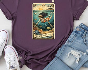 Tarot Card The Swimming Girl Shirt, Skeleton Beach Shirt, Funny Summer Shirt Women, Skeleton Swimmer Tee, Tarot Card Shirt, Ocean Lover Gift
