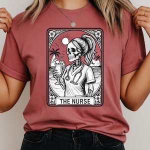 Nurse Tarot Card Skeleton Beach Tee RN Vacation Shirt Nurse Life Graphic Tee Spooky Nurse Gift Halloween Nurse Shirt Dark Humor Scrub Shirt