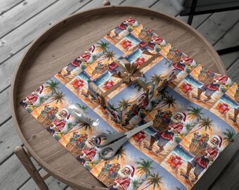 May include: Christmas-themed wrapping paper featuring a repeating pattern of Santa Claus on a tropical beach with palm trees. A wrapped gift with a brown bow, scissors, and tape are on the paper. The paper is on a round wooden table.