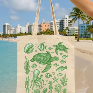 Sea Turtle Ocean Creatures Tote Bag,  Eco Green Beach Bag | Marine Life Tote | Summer Coastal Gift | Reusable Beach Tote for Ocean Lovers