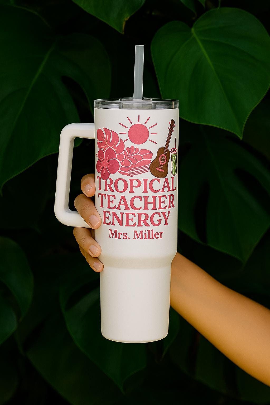 Tropical Teacher Tumbler, 40oz | Eco-Friendly Travel Mug, Teacher Gift, Summer Vibes Drinkware, Custom Insulated Cup, Beach Party Accessory