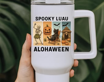 Spooky Luau Halloween Tumbler 40oz Alohaween Stanley Dupe Cup | Skeleton Cat Pumpkin Beach Tumbler | Funny Coastal Fall Drinkware Gift