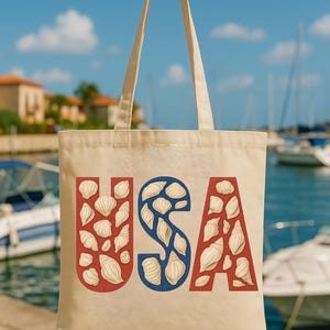 USA Seashell Tote Bag, 4th of July Beach Bag | Coastal Americana Gift | Summer Beach Tote | Shell Lover Gift | Red White Blue Bag