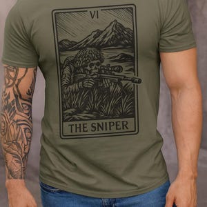Comfort Color Gift Tarot Card The Sniper Shirt Military Tactical Graphic Tee for Men Veteran Gift Military Apparel Cool Skull Shooter TShirt