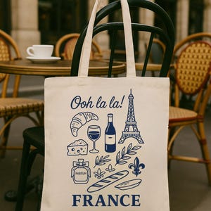 Bonjour Frankreich Tragetasche, Paris Reise, schicke Pariser Baumwolltasche - Reisen, Einkaufen, umweltfreundlich, Geschenk für sie, stilvolle wiederverwendbare Tasche