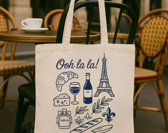 Bonjour France Tote Bag, Paris Travel, Chic Parisian Cotton Tote Bag - Travel, Shopping, Eco-Friendly, Gift for Her, Stylish Reusable Bag