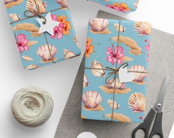 Tropical Floral Gift Wrap Papers, Beach Party Wrapping Paper, Summer Gift Wrap, Seashells Flowers, EcoFriendly Packaging