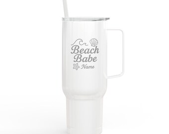 Gepersonaliseerde geïsoleerde beker | 40 oz Beach Babe-mok, aangepaste reisbeker, cadeaus voor strandliefhebbers, zomerhydratatie, gegraveerde drinkgerei
