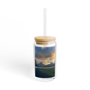 Bicchiere rustico Sunset, 16 once - Contenitore per bevande ecologico, picnic estivo, tazza da viaggio, regalo per gli amanti della natura, cannuccia inclusa