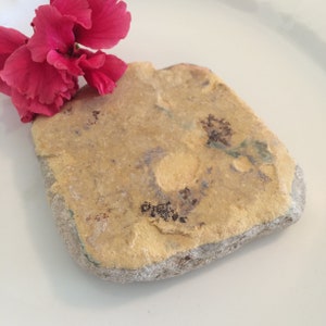 Puede incluir: Una piedra de color amarillo-marrón con una superficie rugosa y texturizada. La piedra tiene marcas marrones oscuras y verdes y un borde liso y redondeado.