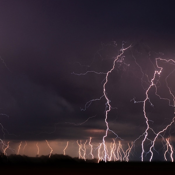 Nighttime Lightning Storm at Camp, in the Flint Hills of Kansas, Multiple lighting strikes at Once