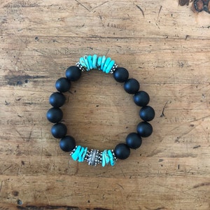 Black Onyx and Natural AZ Turquoise Bracelet with Sterling Silver Bead Perfect for Stacking