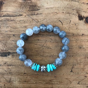 Gray Quartz and Natural AZ Turquoise Bracelet with Sterling Silver Bead