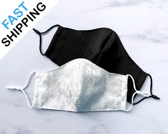 USA Made / Bride or Groom Fabric Face Masks with Adjustable Straps and Filter Pocket / Bridal Lace Satin Wedding Mask Gifts
