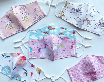 Kids/Children Prints Cotton Fabric Face Masks with Adjustable Straps and Filter Pocket