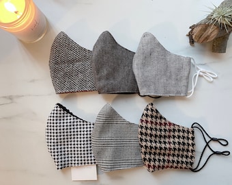 Herringbone / Houndstooth Fabric Face Masks with Adjustable Straps and Filter Pocket / USA Made