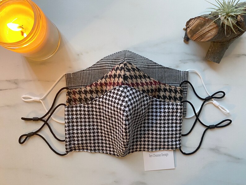 Herringbone / Houndstooth Fabric Face Masks with Adjustable Straps and Filter Pocket / USA Made image 7