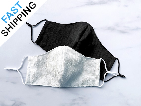 USA Made / Bride or Groom Fabric Face Masks with Adjustable Straps and Filter Pocket / Bridal Lace Satin Wedding Mask Gifts