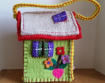 Natural wool handmade dollhouse, playhouse bag, carry along bag, child bag, portable travel dollhouse bag - FREE Shipping in the USA