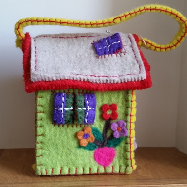 Natural wool handmade dollhouse, playhouse bag, carry along bag, child bag, portable travel dollhouse bag - FREE Shipping in the USA