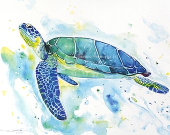 Sea Turtle Watercolour Print, A4 and A5 print in blues yellows greens. Splash effect. Sea turtle wall art, Watercolour turtle, Turtle Print