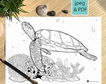 Sea Turtle Colouring Page Printable ,  Coloring Page for adults children, Instant Download, turtle Coloring Page, Sea Turtle Coloring Sheet