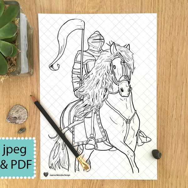 Knight Colouring Page Printable , Knight on Horse Coloring Page for adults children, Instant Download, Knight Armour, Knight Art, Templar