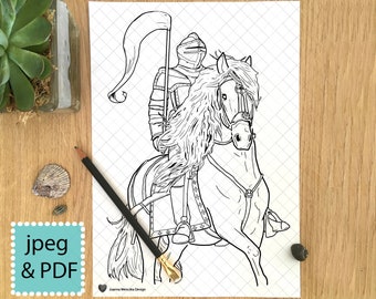 Knight Colouring Page Printable , Knight on Horse Coloring Page for adults children, Instant Download, Knight Armour, Knight Art, Templar