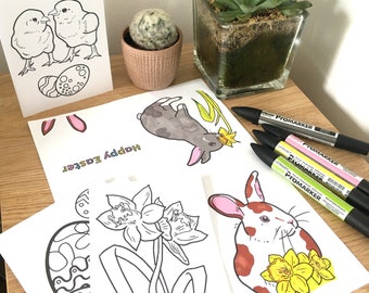 Print and Colour Easter Cards, 4 designs! Printable cards, Coloring for children, Easter coloring, Chick, Egg, Easter Bunny, Daffodils
