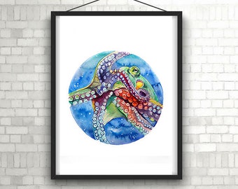 Multicoloured Octopus from original watercolour painting "Port Hole Octopus", Octopus print, Octopus art, Sea Creatures Print, Sea Life Art