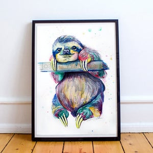 Multicoloured Sloth Print from Original Watercolour Painting: Hang in there Sloth Painting. Colourful Sloth Print. Sloth Wall Art A4 / A5 image 1