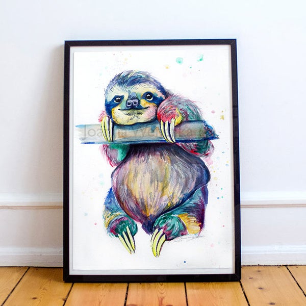Multicoloured Sloth Print from Original Watercolour Painting: "Hang in there" Sloth Painting. Colourful Sloth Print. Sloth Wall Art A4 / A5