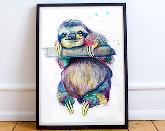 Multicoloured Sloth Print from Original Watercolour Painting: "Hang in there" Sloth Painting. Colourful Sloth Print. Sloth Wall Art A4 / A5