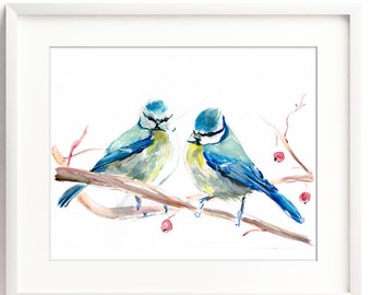 High quality art print " Blue Tits " Printed from the original watercolour painting onto A4 photo quality paper Blue Birdt, bird art print