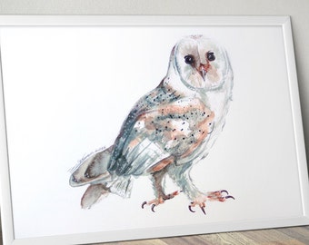 A4 Owl Watercolour Art Print, High Quality Ink Prints. Owl Art, Barn Owl Print, Owl Wall Art from the Original Painting "Whooo Me?", Nursery