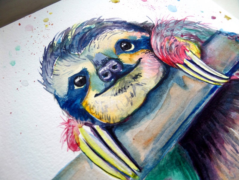 Multicoloured Sloth Print from Original Watercolour Painting: Hang in there Sloth Painting. Colourful Sloth Print. Sloth Wall Art A4 / A5 image 4