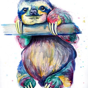 Multicoloured Sloth Print from Original Watercolour Painting: Hang in there Sloth Painting. Colourful Sloth Print. Sloth Wall Art A4 / A5 image 2