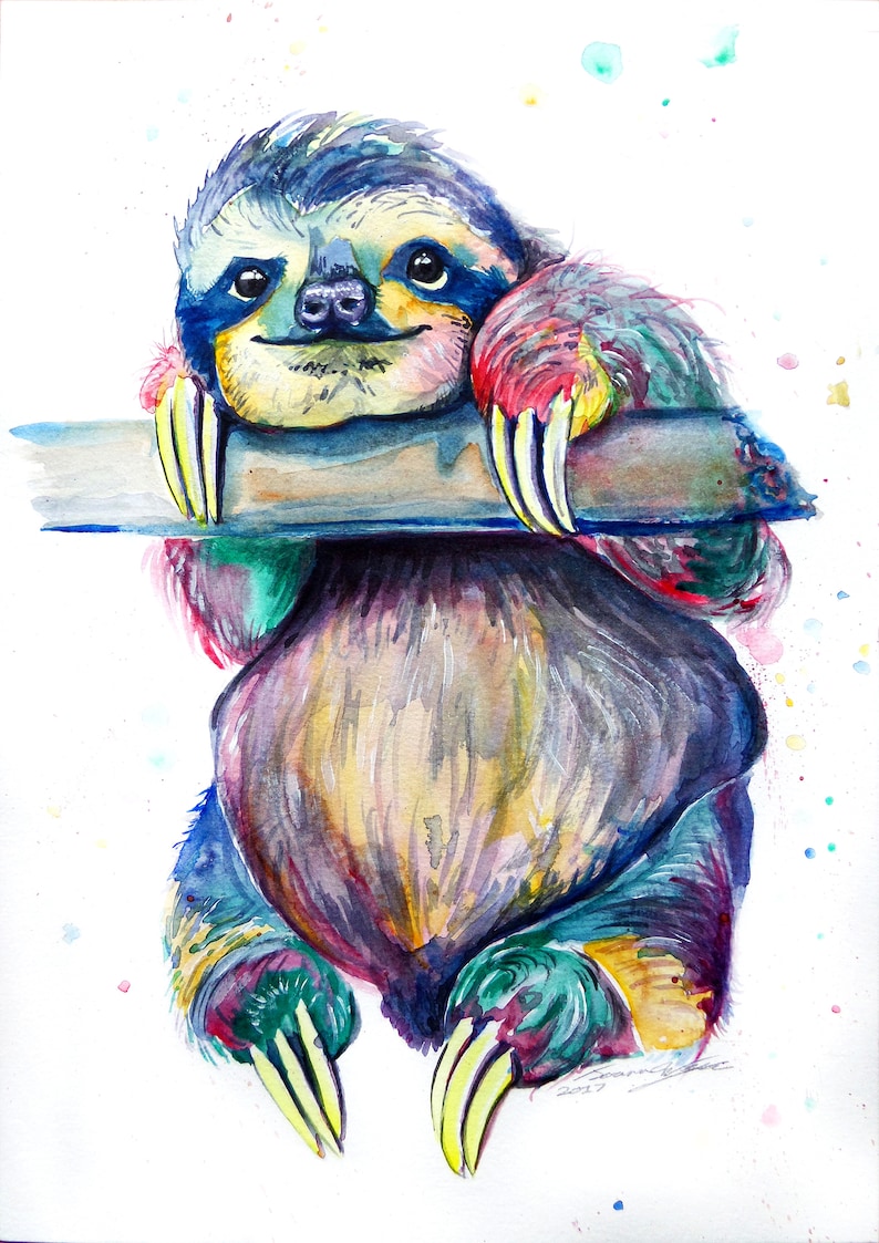 Multicoloured Sloth Print from Original Watercolour Painting: Hang in there Sloth Painting. Colourful Sloth Print. Sloth Wall Art A4 / A5 image 2