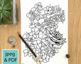 Floral Colouring Page Printable ,  Coloring Page for adults children, Instant Download, Flower Coloring Page, Floral Print, Floral Coloring