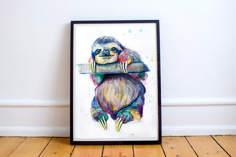 Multicoloured Sloth Print from Original Watercolour Painting: Hang in there Sloth Painting. Colourful Sloth Print. Sloth Wall Art A4 / A5 image 1