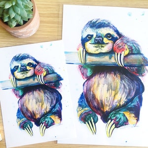 Multicoloured Sloth Print from Original Watercolour Painting: Hang in there Sloth Painting. Colourful Sloth Print. Sloth Wall Art A4 / A5 A5 (21 x 14.8 cm)