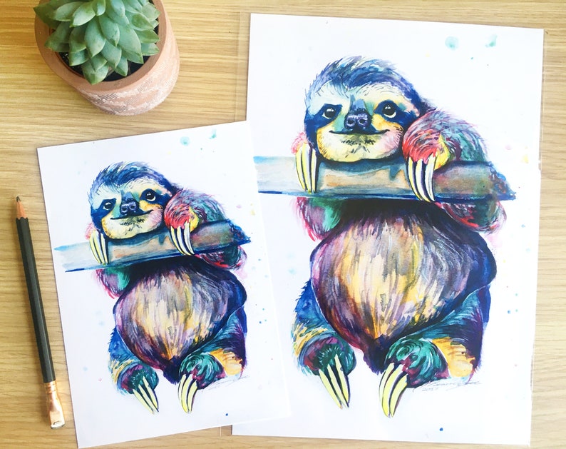 Multicoloured Sloth Print from Original Watercolour Painting: Hang in there Sloth Painting. Colourful Sloth Print. Sloth Wall Art A4 / A5 A5 (21 x 14.8 cm)