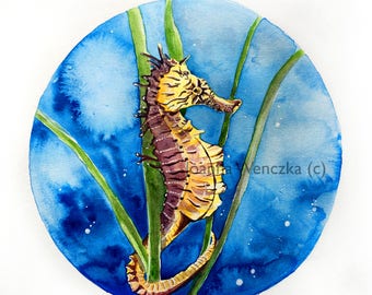 Impresión de acuarela de caballito de mar, arte de pared circular de criatura marina