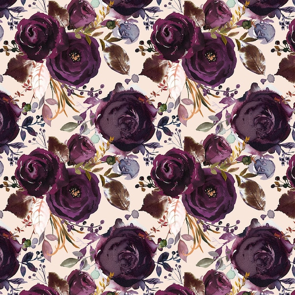 Fall Floral Fabric - Boho Plum Roses, Flowers, Purple - Cotton, Poplin, Sateen, Minky, Fleece, Upholstery Fabric by the Yard