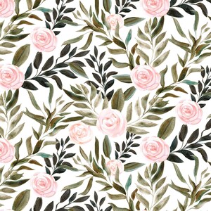 May include: A seamless pattern featuring pink roses and green leaves on a white background. The roses are watercolor painted and have a soft, romantic feel. The leaves are a mix of dark and light green, creating a natural and organic look.