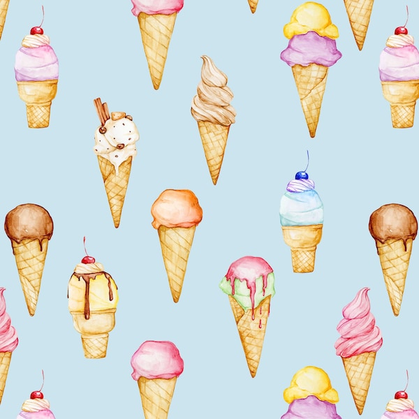 Ice Cream Fabric by the Yard. Quilting Cotton, Sateen, Poplin, Organic Knit, Home Decor. Dessert, Summer, Chocolate, Children's Fabric