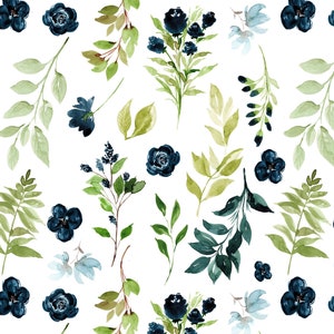 Navy Floral Fabric -Blueberry Field Florals, Botanical, Nature - Quilting Cotton, Sateen, Poplin, Minky, Upholstery Fabric by the Yard
