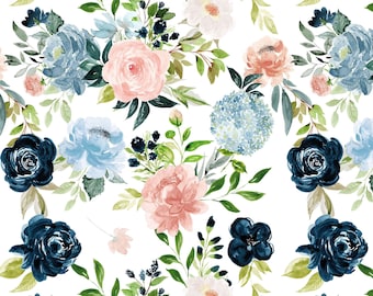 Blush and Navy Floral Fabric by the Yard. Quilting Cotton, Organic Knit, Jersey or Minky Girl Nursery Fabric, Pink, Blue, Watercolor Florals