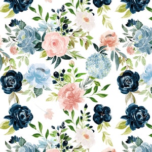 Blush and Navy Floral Fabric by the Yard. Quilting Cotton, Organic Knit, Jersey or Minky Girl Nursery Fabric, Pink, Blue, Watercolor Florals