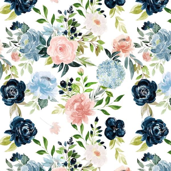 Blush and Navy Floral Fabric by the Yard. Quilting Cotton, Organic Knit, Jersey or Minky Girl Nursery Fabric, Pink, Blue, Watercolor Florals